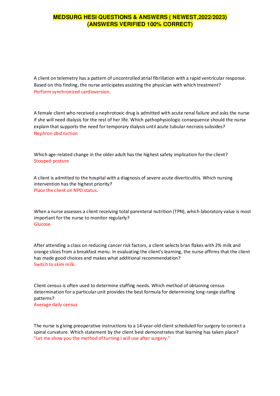 Preview of MEDSURG_HESI QUESTIONS &ANSWERS ( NEWEST ,2022/2023) (ANSWERS VERIFIED 100% CORRECT)